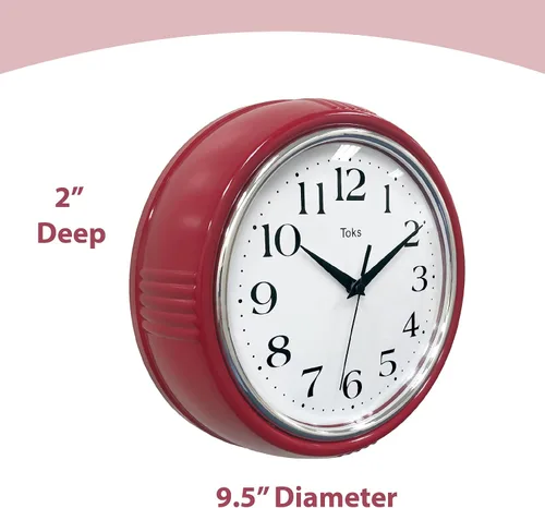 Miniatura 5 de Lily's Home Reloj de pared retro, diseño vintage de 9.5 pulgadas, movimiento de cuarzo silencioso sin tictac, funciona con pilas, perfecto para Rojo