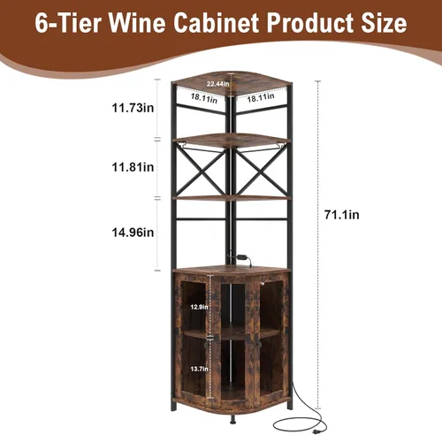 Miniatura 3 de Gabinete de bar de vino con toma de corriente, gabinete industrial de vino de 6 niveles con luz LED y soporte para vidrio, gabinete de vino