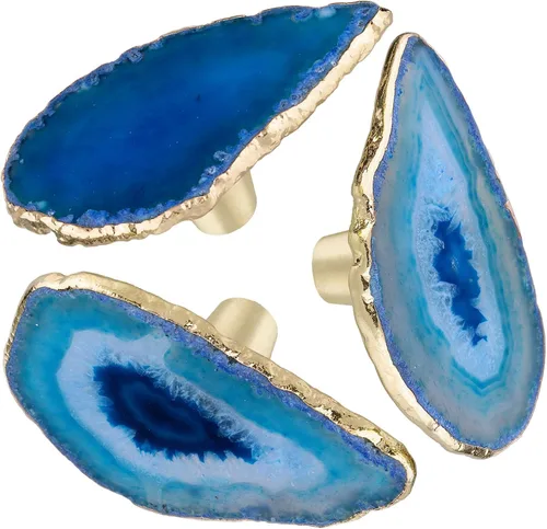 Rockcloud Paquete de 4 pomos decorativos de ágata con tornillos, manijas de ágata de forma irregular con borde chapado en oro, color azul