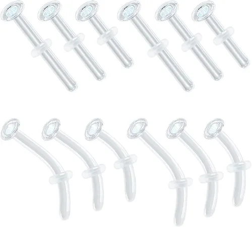 12pcs Glass Piercing Retainers Set for Work/Surgery/Sports, 18g 16g 14g Curved Clear Nose Studs for Cartilage Tragus Conch Daith Helix Lip Nose