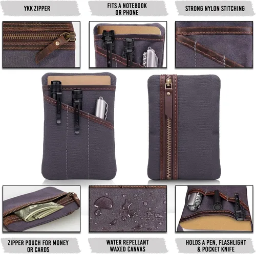 Miniatura 3 de Organizador de bolsillo EDC de lona encerada para hombres, bolsa de bolsillo trasero multiherramienta para teléfono/portátil, bolígrafo