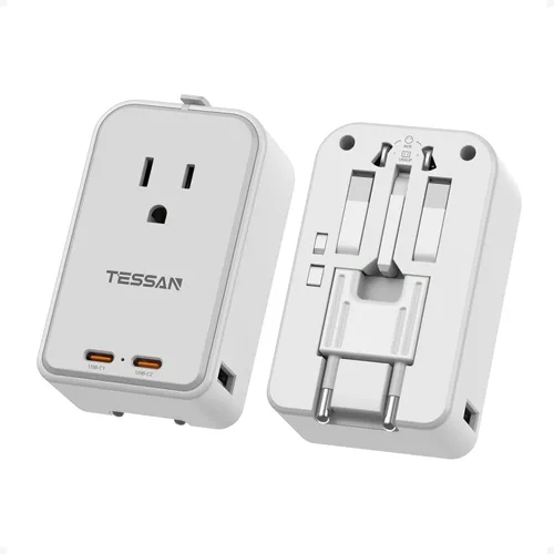 Miniatura 12 de TESSAN Adaptador de viaje 009, PD 20 W, adaptador de corriente universal 2 USB C 1 USB A, adaptador de enchufe internacional ultrafino, salida Negro