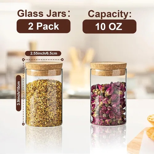 Miniatura 2 de Recipiente de almacenamiento de vidrio de 10 onzas – Tarros de vidrio herméticos con tapa de corcho, tarros de especias, tarro de caramelo, tarros