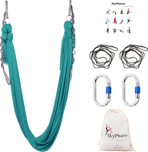 Miniatura 14 de Juego de columpio de yoga de seda aérea de 5.5 yardas - Kit de hamaca de yoga aérea antigravedad volador para fitness, tela de tricot de nailon