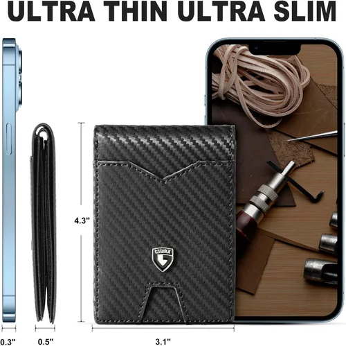 Miniatura 5 de GSOIAX Billetera delgada para hombre minimalista de cuero genuino fibra de carbono con bloqueo RFID de cuero vacuno plegable con caja de regalo