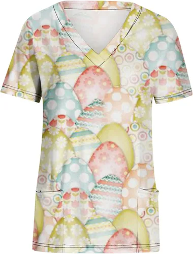 Miniatura 4 de Flower Print T Shirt for Women Fall Summer Short Sleeve V Neck Work Scrub Easter Tops T Shirt Women 2023 Fashion