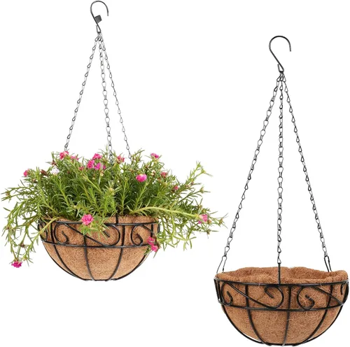 Paquete de 2 cestas colgantes de metal de 10 pulgadas para plantas al aire libre, macetas colgantes con forro de coco, cestas colgantes para jardín,