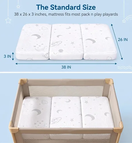 Miniatura 3 de Tri-fold Pack and Play Mattress, 38x26 Memory Foam & High Density Foam Baby Mattress for Pack N Play, Foldable Travel Pack N Play Mattresses