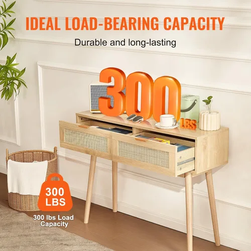 Miniatura 6 de VEVOR Mesa consola de ratán con 2 cajones de almacenamiento, mesa de entrada de ratán con puerta corredera de ratán natural, mesa de sofá para sala