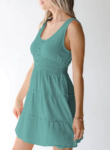 Miniatura 3 de Dokotoo Vestidos de verano para mujer, sin mangas, con botones, cintura elástica, volantes, escalonados, casual, con vuelo, mini vestido