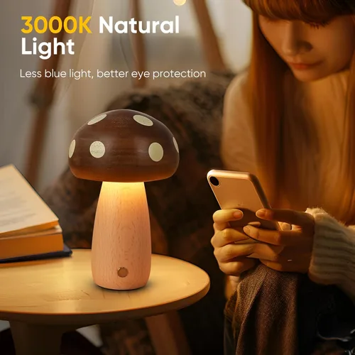 Miniatura 3 de LONRISWAY Paquete de 2 lámparas de mesa LED de madera con forma de hongo, lámparas pequeñas recargables inalámbricas táctiles, luz nocturna
