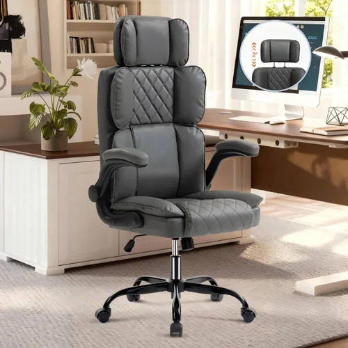 Miniatura 11 de Silla de oficina con reposacabezas ajustable, silla de escritorio ejecutiva de cuero para oficina en casa, con brazos abatibles y soporte lumbar