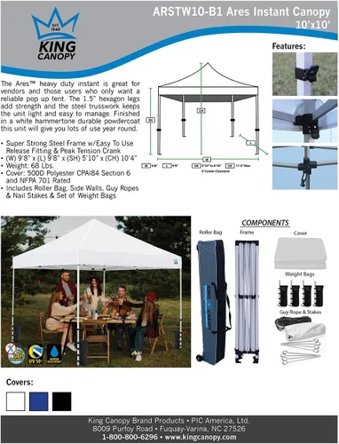 Miniatura 2 de King Canopy Toldo desplegable de 10 x 10 pulgadas, refugio instantáneo comercial con bolsas y estacas, color negro