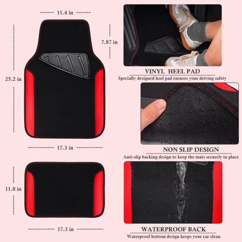 Miniatura 5 de CAR PASS Funda para volante de cuero sintético y alfombrillas impermeables para auto, combo universal para el 95 % de sedanes, SUV, vehículos, Rojo