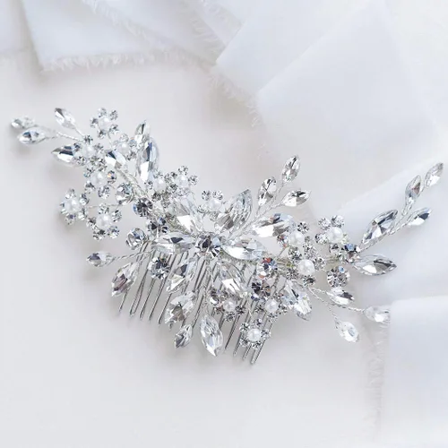 Catery Peines de pelo de cristal para novias, accesorios de flores para novias y mujeres, paquete de 1 (plateado)