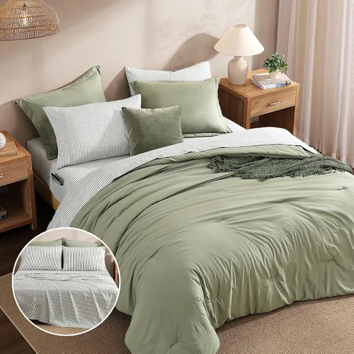 Miniatura 4 de Monbix Juego de Edredón de Tamaño Completo - 7 Piezas Verde Oliva Prelavado Ropa de Cama en una Bolsa Juegos de Ropa de Cama Completos