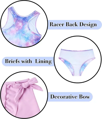 Miniatura 25 de Traje de baño tankini de 3 piezas para niñas, lindo bikini con salida de baño con falda de playa de 5 a 16 años