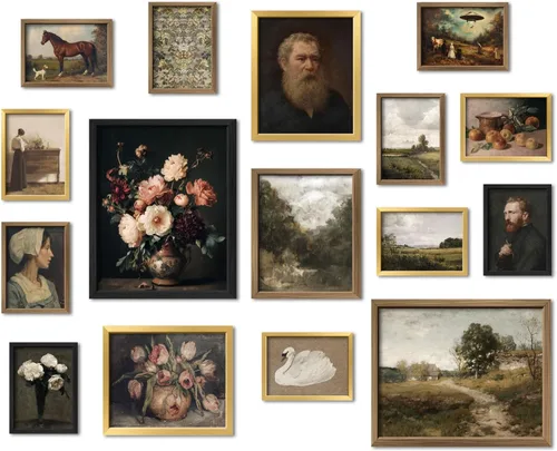 Juego de 16 piezas enmarcadas de arte de pared vintage, estilo victoriano gótico oscuro Academia para galería de granja, juego de marcos de pared