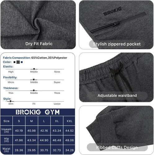 Miniatura 6 de BROKIG Men's Joggers Tapered Athletic Pants Double Zipper Pockets Slim Fit Workout Sweat Pants Casual Gym Running Bottom
