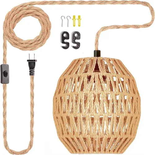 Miniatura 11 de Lámpara colgante de ratán: iluminación colgante de 16.4 pies con cable enchufable, enchufe a toma de pared, interruptor de encendido/apagado