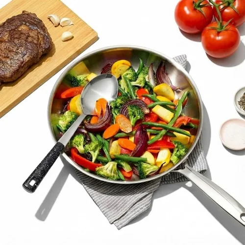 Miniatura 4 de Juego de 5 cucharas de servir de acero inoxidable, cucharas grandes para servir con cucharón y cuchara ranurada, cucharas de metal para cocinar