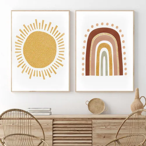 Miniatura 15 de LUHDFYS Arte de pared bohemio para cuarto de bebé, impresión de lienzo grande de ensueño, póster inspirador de nube de sol arcoíris, lienzo envuelto