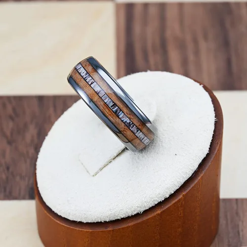 Miniatura 3 de 100S JEWELRY Anillos de tungsteno gris Gunmetal para hombre, con incrustaciones de madera y alce, banda de compromiso de promesa de boda