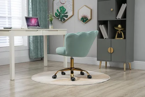 Miniatura 6 de Silla cómoda de oficina en casa con ruedas, linda silla de escritorio ajustable de terciopelo con respaldo de concha marina moderna giratoria