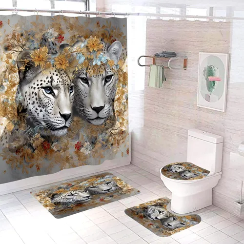 Miniatura 12 de Juego de 4 cortinas de ducha de león salvaje, cortina de pareja de tigre Leo africano con alfombra antideslizante, cubierta para tapa de inodoro