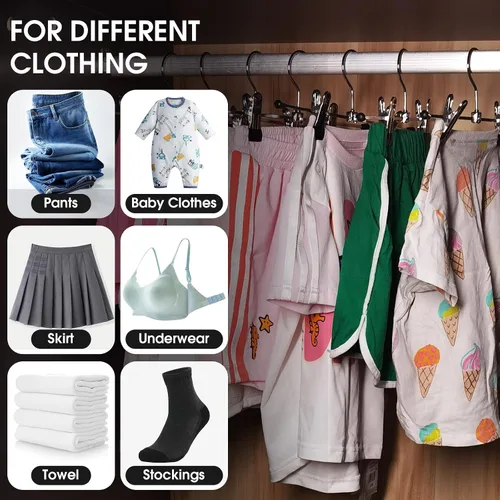 Miniatura 5 de Weysat Paquete de 100 perchas para pantalones con clips ajustables de metal para pantalones y faldas a granel para ahorrar espacio, resistentes
