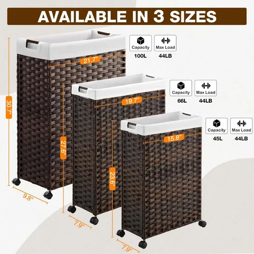 Miniatura 8 de GREENSTELL - Cesta de ropa con ruedas, 45 l (11.9 galones), cesto pequeño de ratán para ropa con 2 bolsas extraíbles y 2 bolsas de malla, cesto