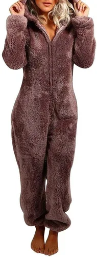 Miniatura 10 de Pijama de forro polar para mujer, mameluco cálido de sherpa, ropa de dormir de una pieza con cremallera y capucha