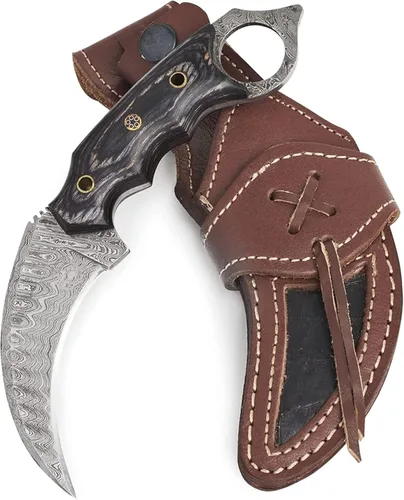BIGCAT ROAR Desert Fox - Cuchillo karambit de acero de Damasco hecho a mano de 7.5 pulgadas - Hoja fija curvada de espiga completa - Mango de madera
