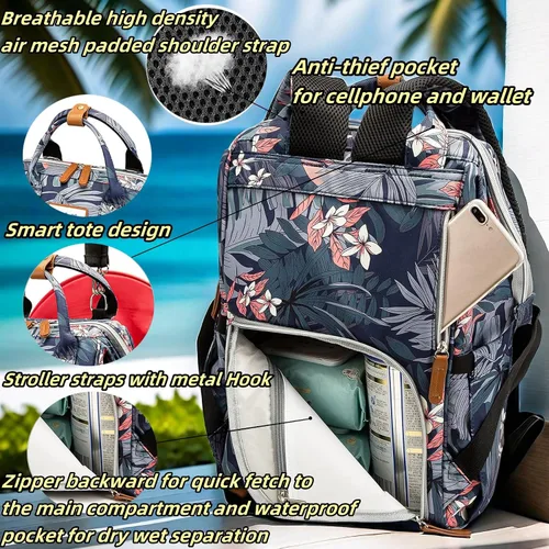 Miniatura 5 de Mochila floral para pañales con puerto de carga USB, correas para cochecito y bolsillo aislado, mochila de viaje para mujeres/madres