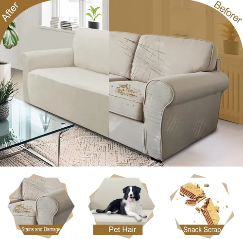 Miniatura 5 de U-NICE HOME Fundas de terciopelo para sofá, fundas elásticas para sofá de 3 cojines, protector de muebles (XL, grande, beige)