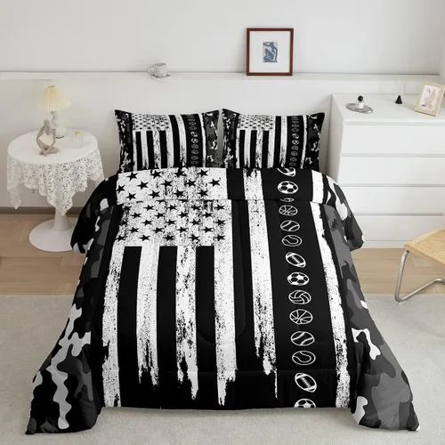 Miniatura 26 de Feelyou Juego de edredón de béisbol, juego de ropa de cama de juegos deportivos, edredón de béisbol con bandera estadounidense vintage, juego