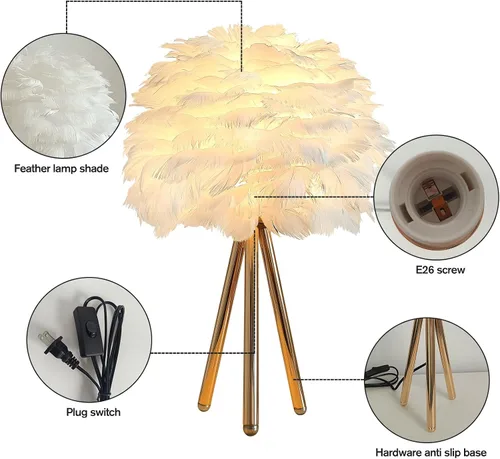 Miniatura 3 de ZYLEIESENBAO - Lámpara de pluma blanca con textura de piel de mesa H16'' Moderna lámpara de escritorio de princesa con trípode, luz esponjosa
