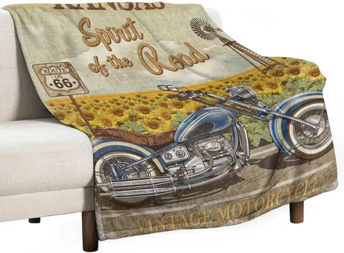 Miniatura 70 de Manta de motocicleta antigua, rústica y clásica, con temática de auto clásico, ruta de EE. UU., 66, patrón impreso, manta de franela súper suave