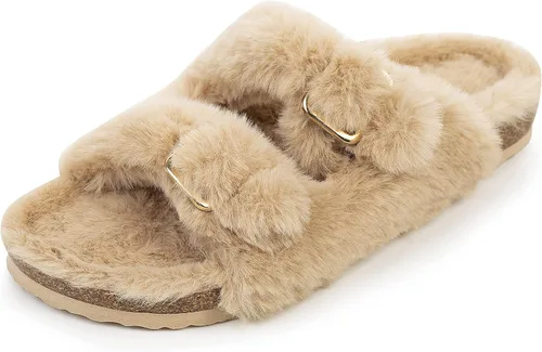 Miniatura 3 de FITORY Womens Open Toe Slipper with Cozy LiningFaux Rabbit Fur Cork Slide Sandals Size 6-11