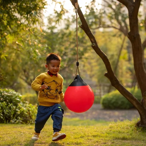 Miniatura 4 de Columpio redondo de bola ajustable colgante de patio al aire libre rojo, bola redonda inflable de goma resistente, bomba incluida
