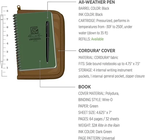 Miniatura 6 de Rite in the Rain Kit de cuaderno espiral lateral resistente a la intemperie: Funda de tela CORDURA® color canela, 4.625" x 7" Cuaderno verde, y Kit