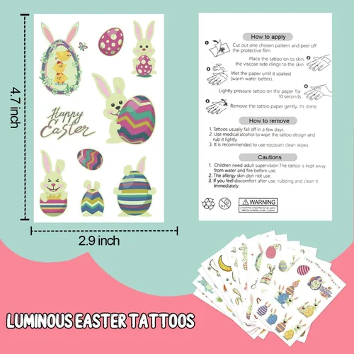 Miniatura 7 de Partywind 132 piezas (12 hojas) tatuajes temporales luminosos de Pascua para rellenar cestas de niños, decoraciones de Pascua brillantes