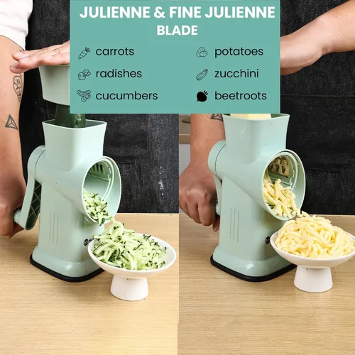 Miniatura 5 de Rallador de queso giratorio con manivela – Trituradora de queso 6 en 1, 6 cuchillas de acero inoxidable, base de succión reforzada, rallador