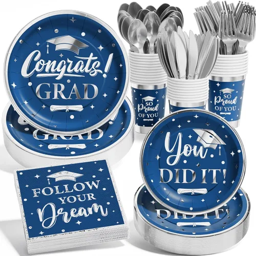 Miniatura 11 de Decoración de graduación clase de 2026, 175 piezas de suministros de fiesta de graduación desechables (sirve 25) con platos de papel, vaso