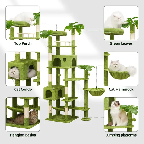 Miniatura 2 de Meecal Árbol para Gatos de 65 Pulgadas de Alto con Hojas para Gatos de Interior, Torre Verde para Gatos con Poste Rascador, Hamaca Colgante, Percha