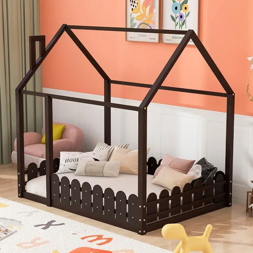 Miniatura 11 de Cama juguetona en forma de casa de tamaño matrimonial con estantes y luces, marco de cama de metal con techo para niños, adolescentes y adultos, un
