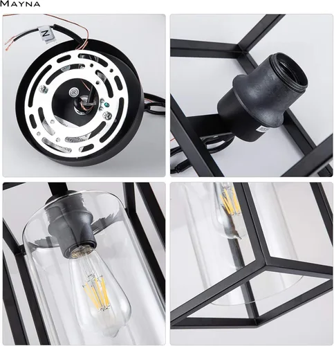 Miniatura 5 de MAYNA Lámpara colgante de granja de 1 luz, lámparas de jaula de metal negro con cadena ajustable y pantalla de vidrio, luces colgantes para isla