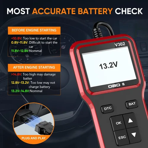 Miniatura 6 de Escáner OBD2 con probador de batería, lector de código de vehículo para comprobar la luz del motor, Plug and Play, herramienta de diagnóstico