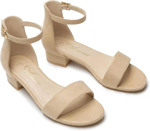Miniatura 39 de Athlefit Sandalias para niñas, puntera abierta, correa en el tobillo, tacones bajos, zapatos de vestir para niñas pequeñas y grandes