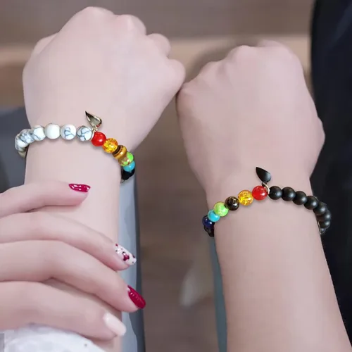 Miniatura 76 de 2 pulseras magnéticas para parejas, piedra natural negra mate, cristal para votos de amor eterno, juego de pulseras de cuentas de piedra de energía